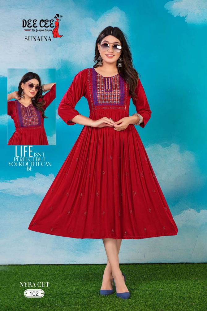 Sunaina By Deecee Rayon Naira Cut Embroidery Kurtis Catalog